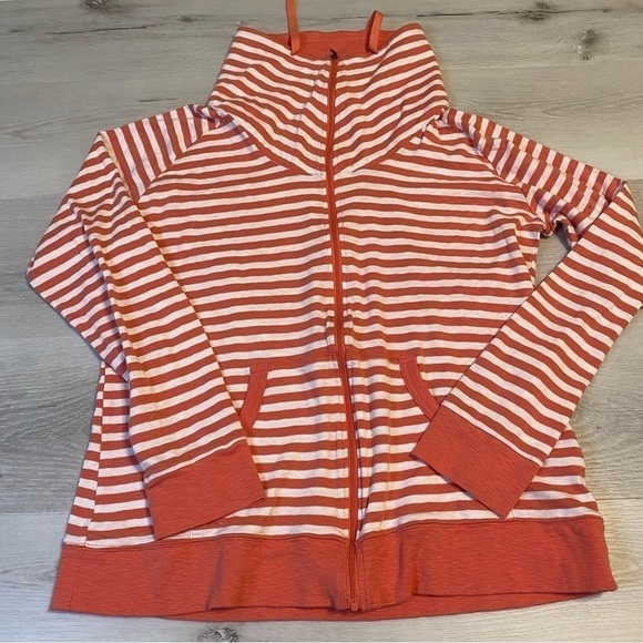 Columbia Full Zip Cowl Neck Lightweight Striped Sweatshirt, Coral/White XL - Picture 1 of 6